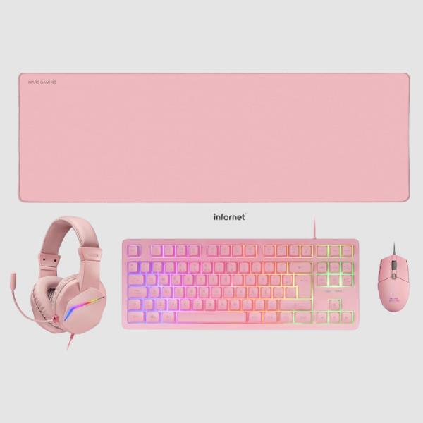 Kit Combo Mars Gaming MCPRGB3/ Teclado Fixed/ Ratón Flow/ Alfombrilla XXL/ Auriculares - RGB - rosa